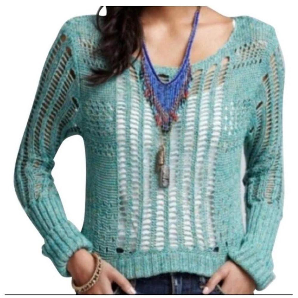 Free People Teal Goccia Open Stitch Crop Knit Sweater Boho  Coastal Summer XS